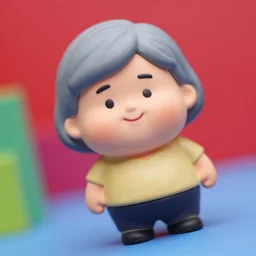chubby miniature caricature figure woman with gray short hair smiling in a t - shirt, macro photography, tilt shift, bold colored background, plastic