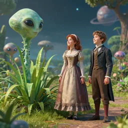 a girl and a boy standing next to some alien plants, in a park on a alien planet, looking happy, wearing victorian clothes, photorealistic raytracing