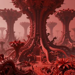 intricate concept illustration, red, fantasy, megastructure, large biomes, tentacles, flora, ultra photorealistic, sharp, haze, only red, 8 k