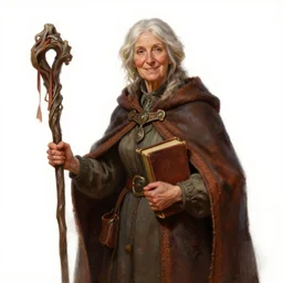 old female human bard storyteller dnd character concept :: gentle and warm smile :: face like Judi Dench and Beverly Cleary :: holding staff with ribbons :: mantle shroud scarf dress cloak books high details fantasy leather embossed weathered stitching magic item plain white background 5e artwork painting by aleksi briclot hard edge painting concept art digital art realistic