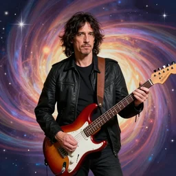 portrait of john frusciante with his stratocaster, magic background ambientation, trippy, in the style of thomas kinkade, artstation