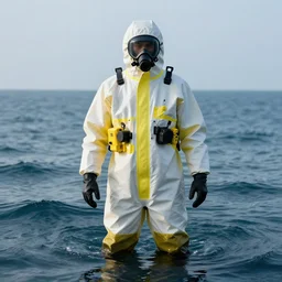 man wearing a chemical hazard suit in an ocean oft acid hyper realistic