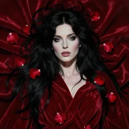 portrait of kate bush, lush black hair, pale skin, red rose petals, flowing material, ruffled velvet background, intricate, beautiful cinematic lighting, stuning painting by artgerm and android jones