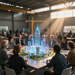 large group people in a warehouse, looking at hologram of futuristic city on a table, cinematic concept art, godrays, golden hour, natural sunlight, 4 k, clear details, tabletop model buildings, tabletop model, hologram center, crane shot