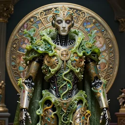 masterpiece ultrarealistic ultradetailed medium shot robot cyberpunk of slime catholic veiled, intricate, elegant, vegetal, monumental, funny lighting, intricate, immerse, special effects makeup, maximalist, glittering,, hyperreal,, alphonse mucha, josan gonzalez
