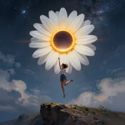giant white daisy flower over face, girl jumping on cliff, surreal photography, solar eclipse, milky way, dramatic light, impressionist painting, clouds, digital painting, artstation, james gilleard, liam wong, jeremy mann, simon stalenhag