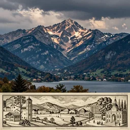 lakeside mountains, nuremberg chronicle