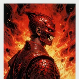 zhao yun by julie mehretu : : very detailed, comic, 4 k, golden ratio, comic book, red, ancient chinese, chinese, han dynasty, 1 9 6 0 s, heated polaroid, fire, mars, crimson, east, volcano, intensity, hate, scorched, headshot, scaly : : superhero portrait looking away