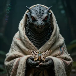 cinematic shot mothra holding a moth in a swaddle of blankets, hyper realistic, mood lighting, fantasy, detailed face, highly detailed, super realistic, perfect lighting javascript pixel sorting