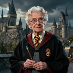 Granny Weatherwax as a rigorous professor in Hogwarts School of Witchcraft and Wizardry, detailed, hyperrealistic, colorful, cinematic lighting, digital art by Paul Kidby  and Jim Kay
