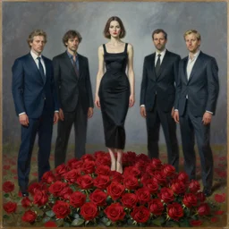 a woman standing on red roses by jacek yerka, alex gray, zdzisław beksiński, dariusz zawadzki, jeffrey smith and h.r. giger, oil on canvas, 8k highly professionally detailed, trending on artstation