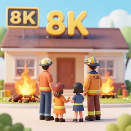 a family standing in front of a house on fire, digital art, 4 - dimensional, 8 k, ultra - hd, weak, muted, split lighting, optics, fire, burn, inferno, by weta digital, by yoshitaka amano