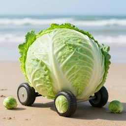 cabbage car with brussels sprouts wheels having fun at the beach