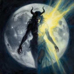 evil and badness attack the celestial being from one side, but from his other side emerges light and life. like the dark side of the moon. contrast of evil and good | painting by craig mullins