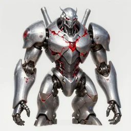 a highly detailed illustration of colossal silver mechanical giant, with molten red cracks running along body, gentle calm pose, intricate, elegant, highly detailed, centered, digital painting, artstation, concept art, smooth, sharp focus, league of legends concept art, WLOP
