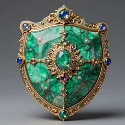 ornate malachite shield with jewels, highly detailed, 4k, HDR, smooth, sharp focus, hyper realistic, high resolution, award-winning photo