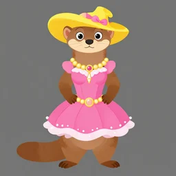detailed flat 2 d : female marten character : wearing jewelry : wearing a showgirl pink dress : wearing yellow hat : head torso legs feet : lorax movie : artstation