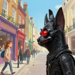 wide - angle profile face portrait of a tin toy jack the ripper as a bat with glowing red eyes sightseeing in victorian london, nicoletta ceccoli, mark ryden, lostfish, max fleischer, hyper realistic, artstation, illustration, digital paint, matte paint, vivid colors, bright, cheerful, detailed and intricate environment