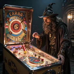 a wizard casting conjure pinball machine, 4 k, highly detailed, cinematic lighting, high particle effects