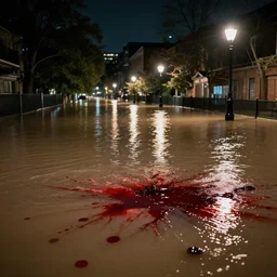 city flooded with blood, at night, lamp posts in the back