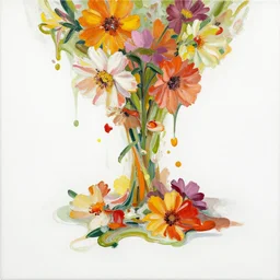 flowers melting, pour painting, white canvas, vibrant colors