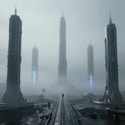 a minimalist scifi brutalist futuristic spaceship factory planet in heavy fog with columns of glowing plasma smoke, ilm, beeple, star citizen halo, mass effect, bladerunner, elysium