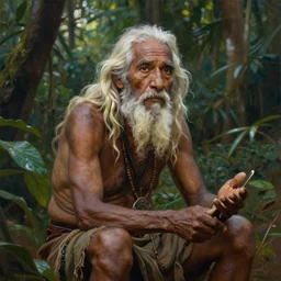 a beautiful painting of a very old and wise indigenous man with white long hair sitting telling stories in the jungle, matte painting, art by christophe vacher