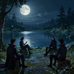 group of vampires chilling by the lake in moon night, moebius, greg rutkowski, zabrocki, karlkka, jayison devadas, phuoc quan, trending on artstation, 8 k, ultra wide angle, video game graphics, realistic art, zenith view, cyberpunk pincushion lens effect