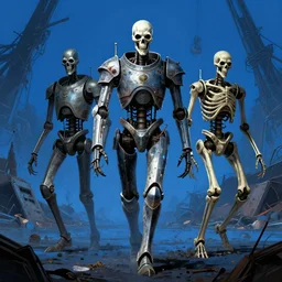 horror art, skeleton armored droids walking around in epic pose, blue junkyard in the background, art by ismail inceoglu