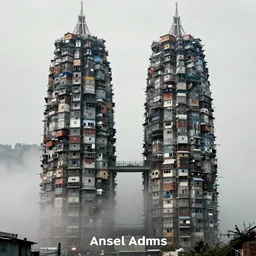two giant towers, made up of makeshift squatter shacks, misty, dystopia, mamiya rb 6 7, fully frontal view, very detailed, photographed by ansel adams