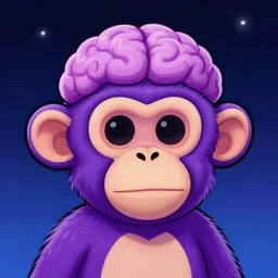 a chill frontal portait drawing of a small cute purple monkey with a brain cap by inio, beeple and james jean, aya takano color style, trippy, 8 k, super detailed, night sky, digital art, digital painting, clean