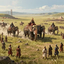 matte painting of a beautiful batttlefield of tai ethnic group versus mongol empire, the warloads ride on their war - elephents in the center of the scene, digital art, trending on artstation