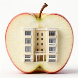 apartment built inside of an apple, cross-section, close-up shot