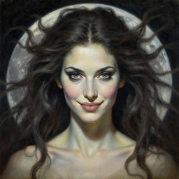 biomechanical moon goddess, flowing hair, intense stare, sweet smile, symmetrical portrait, realistic oil painting by h. r giger,