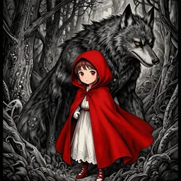 Little red riding hood, werewolf hunter, detailed intricate ink illustration, dark atmosphere, detailed illustration, hd, 4k, digital art, overdetailed art, concept art, by greg rutkowski, by loish, complementing colors, Trending on artstation, deviantart