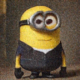 minion wearing a suit, portrait, realistic 8k, HDR, sharp, details, hyperdetailed, renesaince painting, Rembrandt