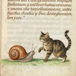 1 4 th century manuscript marginalia, illustration of a snail fighting a cat