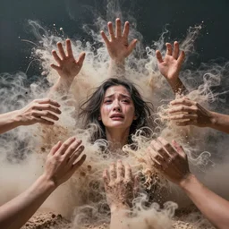 humans , feedback loop , burst of powders ,volumetric lighting, twisting vapour, bellowing dust , emerging hands and beautiful woman’s crying face , full colour , upscale , 4k