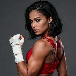 a portrait of tanaya beatty, muscular, wearing red attire, white bandage taped fists, medium length black hair, beauty mark on left cheek, red phoenix tattoo on back, serious, style by donato giancola, wayne reynolds, jeff easley dramatic light, high detail, cinematic lighting, artstation, dungeons and dragons