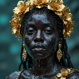 hyperrealistic neo - classical cinematic very expressive! black oshun goddess, open eyes, body in water, mirror dripping droplet!, gold flowers, highly detailed face, digital art masterpiece, smooth eric zener cam de leon dramatic pearlescent teal light, ground angle uhd 8 k, sharp focus