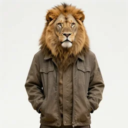 humanoid lion jason setham in full height, hands in pockets, standing on a white background in a jacket with an important face, realism, detailed study, maximum detail, quality, high quality, soft light, depth of field, focus, realism, 8 k quality, classicism style,