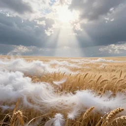[ ethereal landscape ] : : texture, cotton, waves, feathers, particles : : highly - detailed digital art, 8 k, award - winning, stunning : : cloudy, sunny, god rays, huge grassy fields filled with wheat and straw : : 8 k