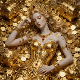 greed deadly sin represented by a beautiful woman surrounded by gold coins, jewels, and treasure, style of peter mohrbacher, vray, highly detailed, luxury, fractal, gold inlay, dramatic lighting, golden ratio, elegant, epic