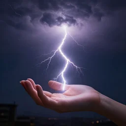 photography of a hyper realistic lightning storm in a beautiful girl's hand. highly detailed, super power, stuning, intricate, complex, unreal engine 5.