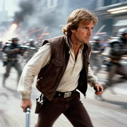 Han Solo Return of the jedi harrison ford 1983, motion blur runs through massive battlefront, mcu style, explosions, fire, real life, spotted, ultra realistic, 4K, movie still, UHD, sharp, detailed, cinematic, render, modern