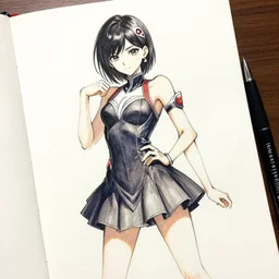 beautiful aesthetic inspirational masterful professional ink pen and watercolor sketch of a japanese idol girl posing in minidress, marvel style, fine details, trending on artstation, high quality paper