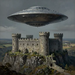 ufo flying saucer hovering over a stone brick castle, matte oil painting, medieval, fantasy landscape, ominous, creepy, terrain, cliffs, courtyards, detailed, sharp, crisp, 4 k image