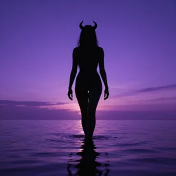 purple sunset with a real black silhouette of a demonic walking on water, the sky falls to the ground, high detail