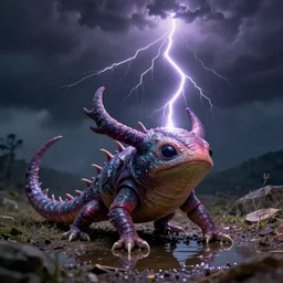 highly detailed monster Axolotl hit by lightning from the sky in a small puddle, thunder, dramatic, dark, fantasy, digital art, hyperrealistic, cinematic lighting, Greg Rutkowski, Trending on Artstation, highly detailed