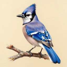 Intricate five star  Blue Jay owrched on a Branch portrait by Anna Kullberg, Colored pencil on paper, high detail, skin texture, photo realistic, hyperrealism,matte finish, high contrast, 3d depth, masterpiece, vivid and vibrant colors, Prismacolor Pencils,artstationhd
